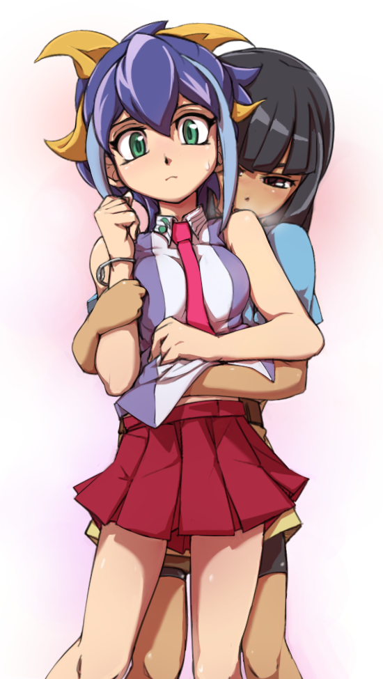2girls, bike_shorts, black_hair, blue_hair, blush, bow, bracelet, dark_skin