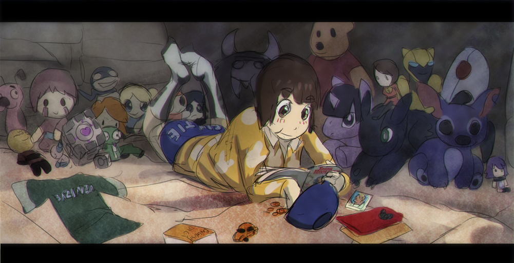 bed, blossom_(ppg), bubbles_(ppg), bumblebee, buttercup_(ppg), chalk_zone, character_doll, companion_cube, courage_(character), courage_the_cowardly_dog, eating, gamagoori_ira, kill_la_kill, lilo_&amp;_stitch, lying, magazine, mankanshoku_mako, my_little_pony, my_little_pony_friendship_is_magic, omi, pajamas, photo_(object), pooh, portal, powerpuff_girls, reading, stitch_(lilo_&amp;_stitch), transformers_animated, trunchbull, twilight_sparkle, winnie_the_pooh, xiolin_showdown