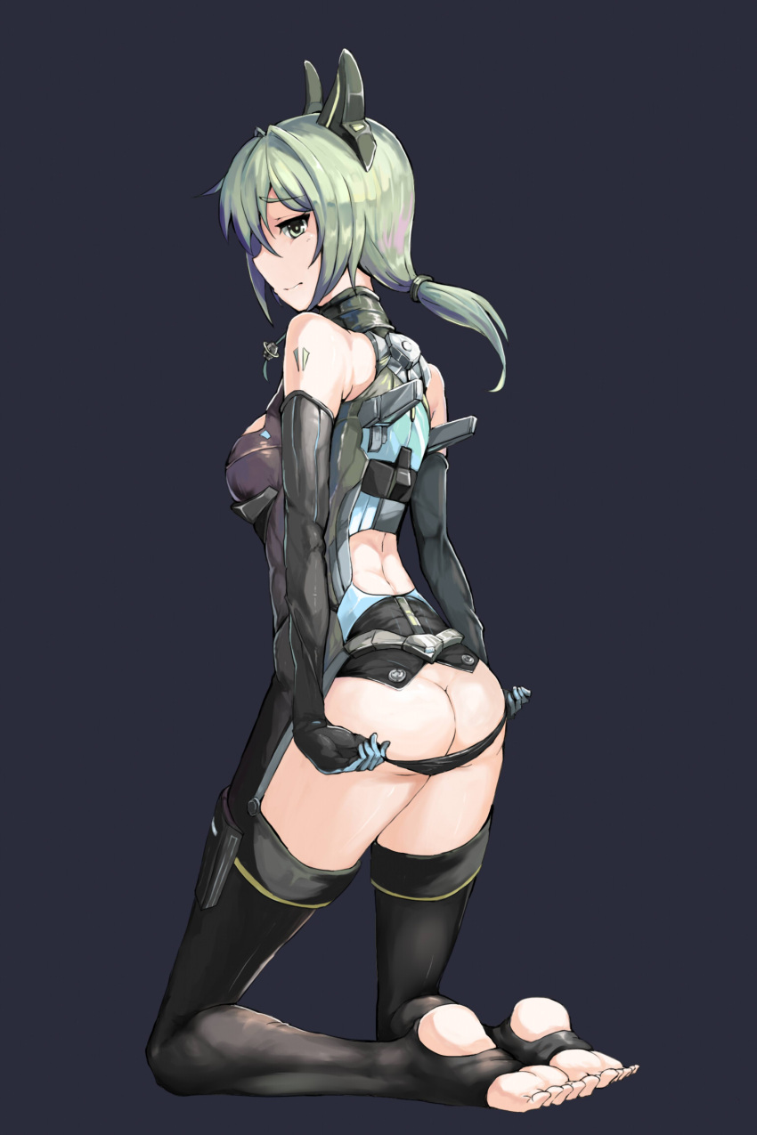1girl, ass, back, bare_shoulders, black_gloves, black_legwear, black_panties, bodysuit, elbow_gloves, female, gloves, grey_eyes, hair_ornament, highres, kneeling, looking_at_viewer, looking_back, low_ponytail, lu_hao_liang, no_pants, original, panties, panty_pull, ponytail, revealing_clothes, silver_hair, solo, thigh-highs, thighs, toeless_legwear, underwear