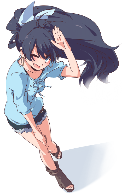 1girl, ;d, black_hair, blue_eyes, blush, denim, denim_shorts, earrings