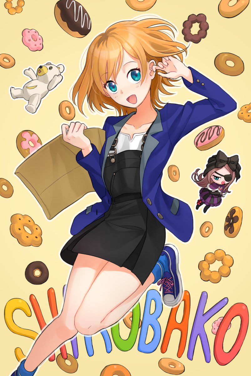1girl, blazer, blue_eyes, brown_hair, doll, doughnut, envelope, highres