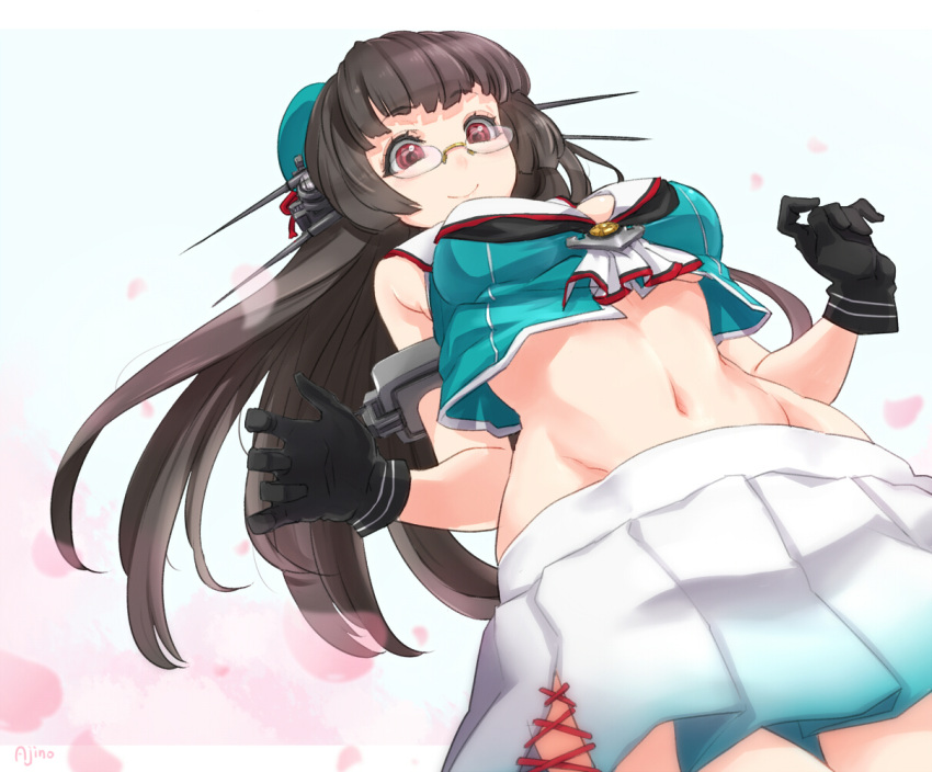 1girl, ajino_(sakanahen), black_gloves, black_hair, breasts, choukai_(kantai_collection), from_below, glasses