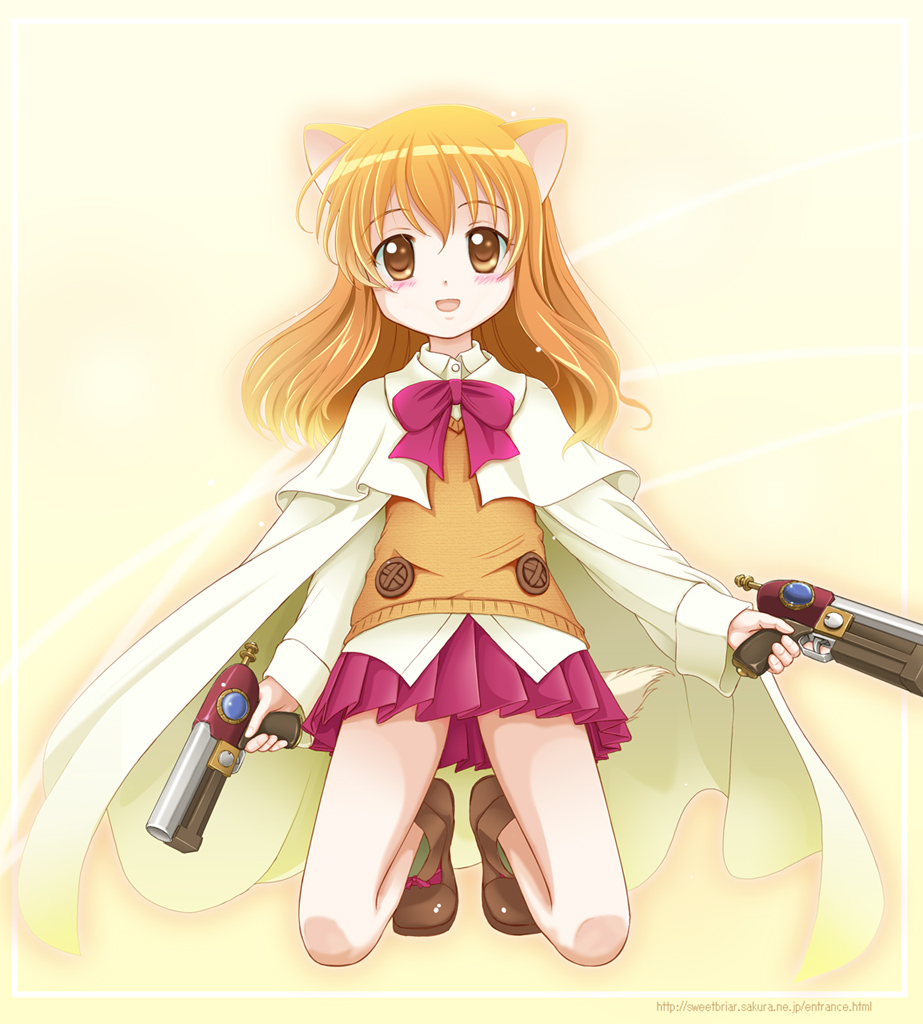1girl, animal_ears, blush, brown_eyes, cape, dog_days, dog_ears, gun, handgun, kahis_(sweetbriar), kneeling, looking_at_viewer, orange_hair, pink_skirt, pistol, pleated_skirt, ricotta_elmar, short_hair, skirt, smile, solo, weapon