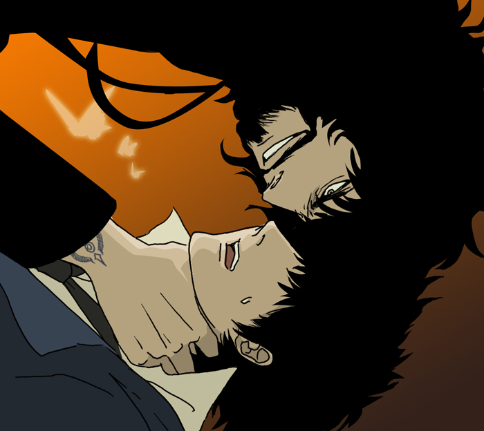 asphyxiation, beard, black_hair, choking, cowboy_bebop, facial_hair, formal, genmaipudding