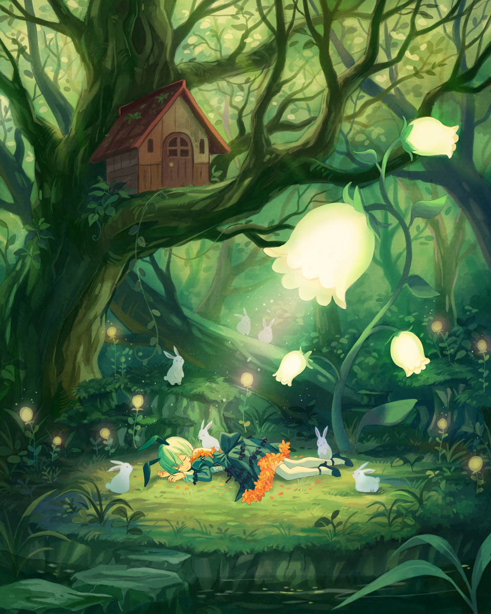 animal_ears, closed_eyes, green_hair, highres, lying, original, outdoors, rabbit, rabbit_ears, shati, short_hair, treehouse