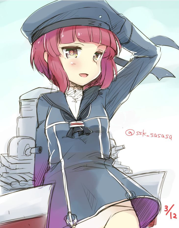 1girl, blush, brown_eyes, clothes_writing, hat, kantai_collection, panties, redhead