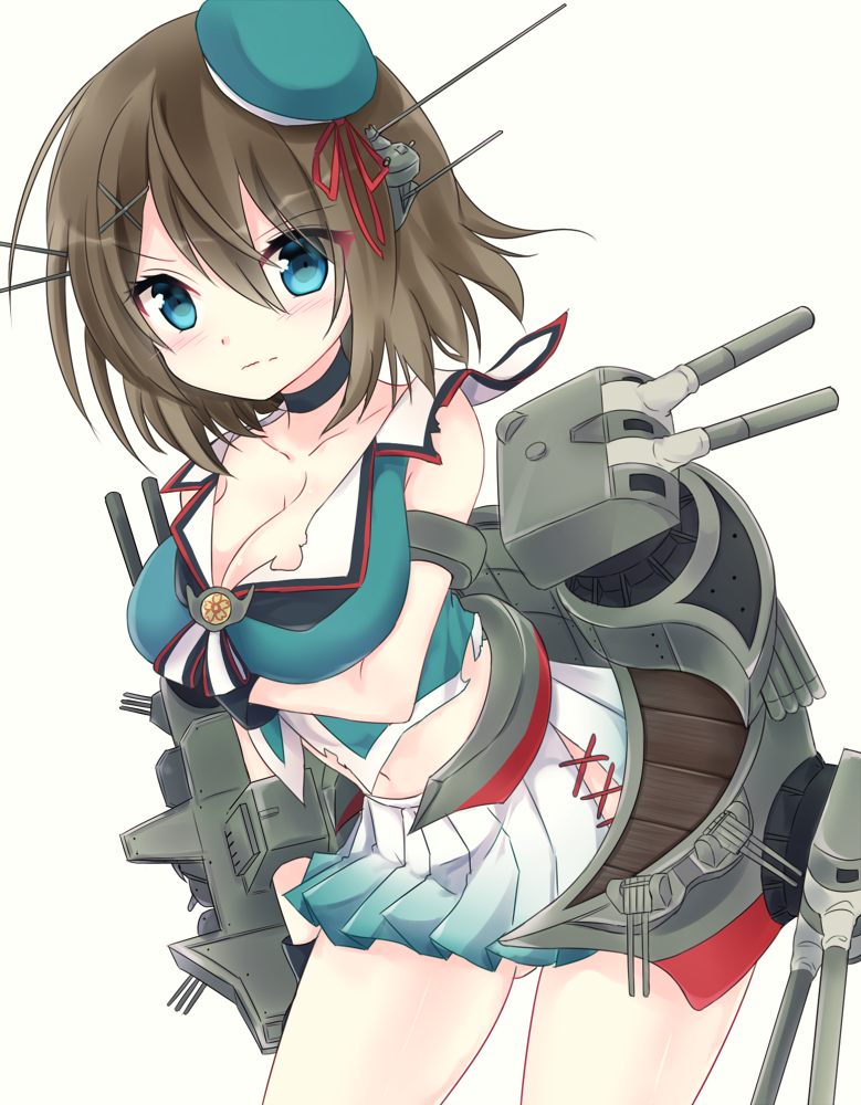 1girl, blue_eyes, brown_hair, gloves, hair_ornament, hat, kantai_collection, kidamochi