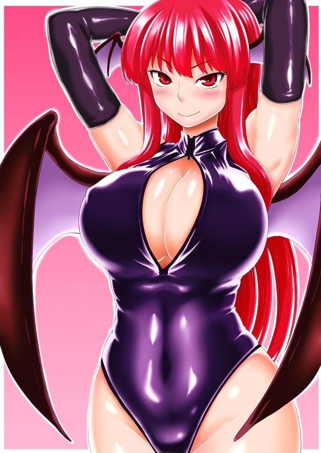 1girl, armpits, arms_behind_head, arms_up, blush, breasts, cleavage, demon_girl