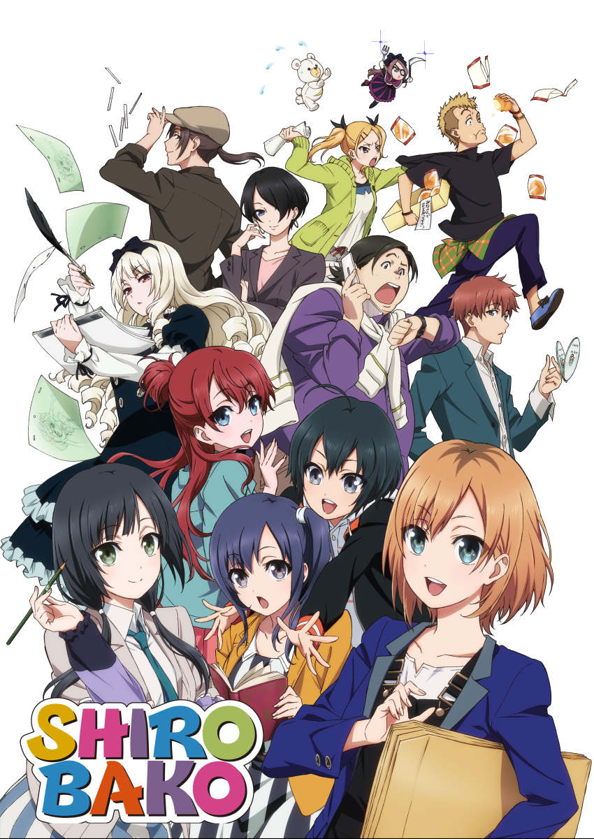 5boys, 6+girls, absurdres, alpine_(exodus!), aqua_eyes, black_hair, blazer, blonde_hair, blue_eyes, brown_hair, business_suit, cabbie_hat, clothes_around_waist, drawing, drill_hair, everyone, exodus!, glomp, gothic_lolita, green_eyes, hair_bun, hair_ornament, hair_ribbon, hairclip, hat, highres, honda_yutaka, hooded_jacket, hug, imai_midori, logo, lolita_fashion, low_twintails, mimuji_(shirobako), miyamori_aoi, mohawk, multiple_boys, multiple_girls, ochiai_tatsuya, official_art, ogasawara_rinko, okitsu_yuka, pencil, ponytail, purple_hair, red_eyes, ribbon, roro_(shirobako), sakaki_shizuka, shirobako, shirt_around_waist, short_twintails, side_ponytail, sweater_around_neck, tagme, takanashi_tarou, toudou_misa, twintails, violet_eyes, watanabe_jun, white_background, yano_erika, yasuhara_ema