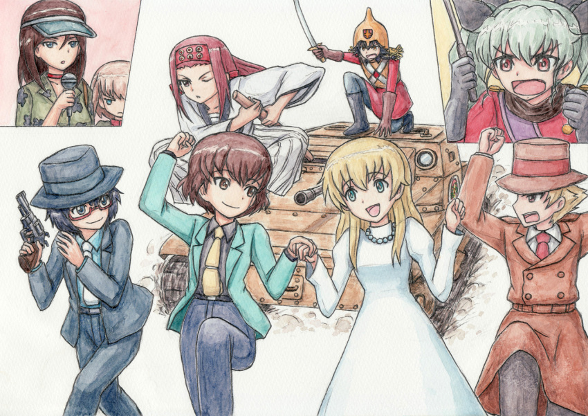 6+girls, anchovy, announcer, aqua_eyes, aqua_hair, arms_up, arsene_lupin_iii, arsene_lupin_iii_(cosplay), blonde_hair, bow, bowler_hat, brown_eyes, brown_hair, caesar_(girls_und_panzer), carpaccio, carro_veloce_cv-33, castle_of_cagliostro, chasing, clarisse_de_cagliostro, clarisse_de_cagliostro_(cosplay), collarbone, count_lazare_d'cagliostro, count_lazare_d'cagliostro_(cosplay), dress, erwin_(girls_und_panzer), girls_und_panzer, glasses, gloves, graphite_(medium), green_eyes, gun, gustav_(cagliostro), gustav_(cagliostro)_(cosplay), hair_bow, hakama, hat, headband, helmet, holding_hands, ishikawa_goemon_xiii, ishikawa_goemon_xiii_(cosplay), japanese_clothes, jewelry, jigen_daisuke, jigen_daisuke_(cosplay), katana, katyusha, kneeling, long_hair, looking_at_another, lupin_iii, microphone, military, military_vehicle, multiple_girls, necklace, necktie, nonna, omachi_(pixiv), open_mouth, oryou_(girls_und_panzer), parody, pepperoni_(girls_und_panzer), red_eyes, redhead, revolver, riding, riding_crop, running, saemonza, sarashi, short_hair, simple_background, smile, studio_ghibli, sword, tank, traditional_media, trench_coat, twintails, vehicle, visor_cap, watercolor_(medium), weapon, white_background, white_dress, zenigata_kouichi, zenigata_kouichi_(cosplay)