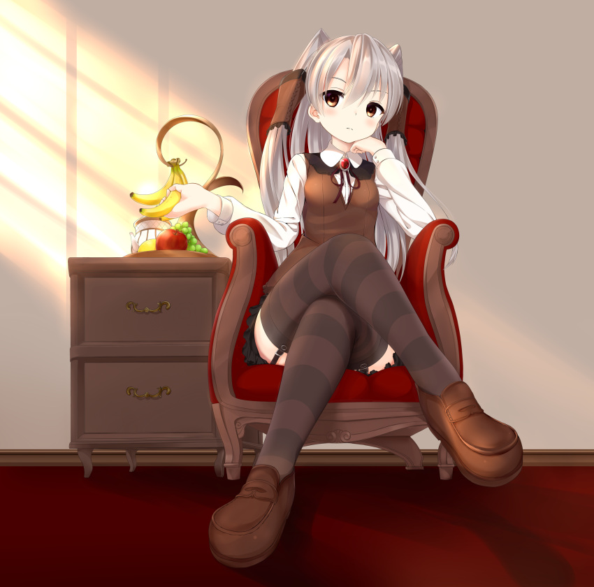 1girl, absurdres, alternate_costume, amatsukaze_(kantai_collection), apple, banana, blush, brown_eyes