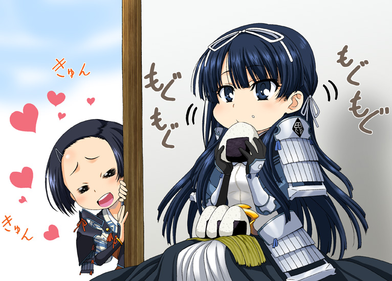 =_=, armor, armored_dress, black_hair, blue_eyes, blue_hair, blush, chibi