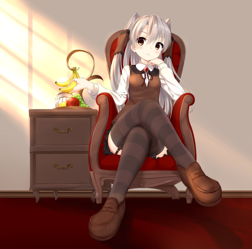 1girl, absurdres, alternate_costume, amatsukaze_(kantai_collection), apple, banana, blush, brown_eyes