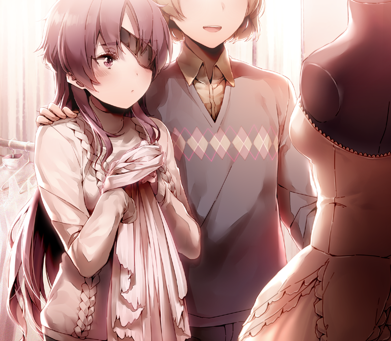 1boy, 1girl, amputee, blush, brown_hair, casual, couple, dress