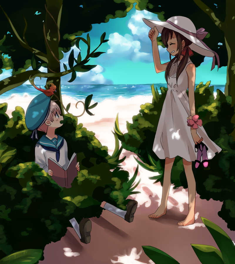 1boy, 1girl, adjusting_clothes, adjusting_hat, animal_on_head, axis_powers_hetalia, barefoot, beach