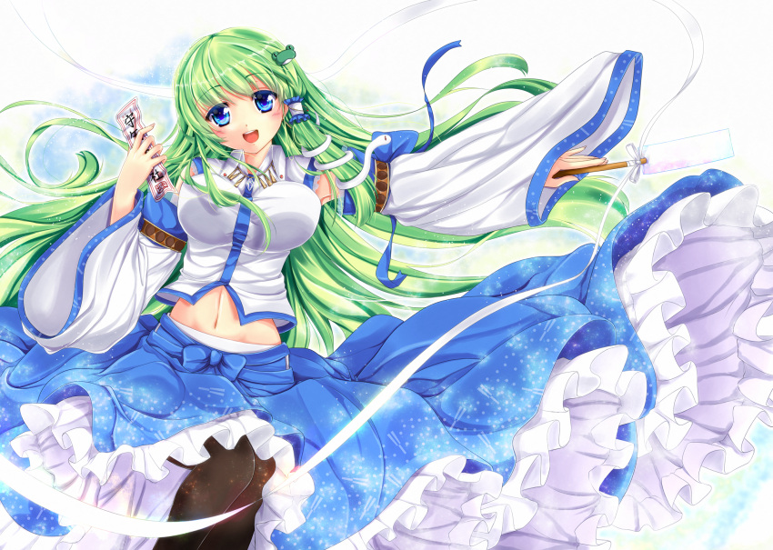 1girl, :d, black_legwear, blue_eyes, detached_sleeves, frog_hair_ornament, fule, green_hair