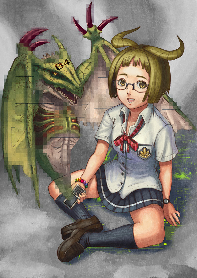 cellphone, dragon, flick_(artist), glasses, green_hair, horns, jewelry, kneehighs