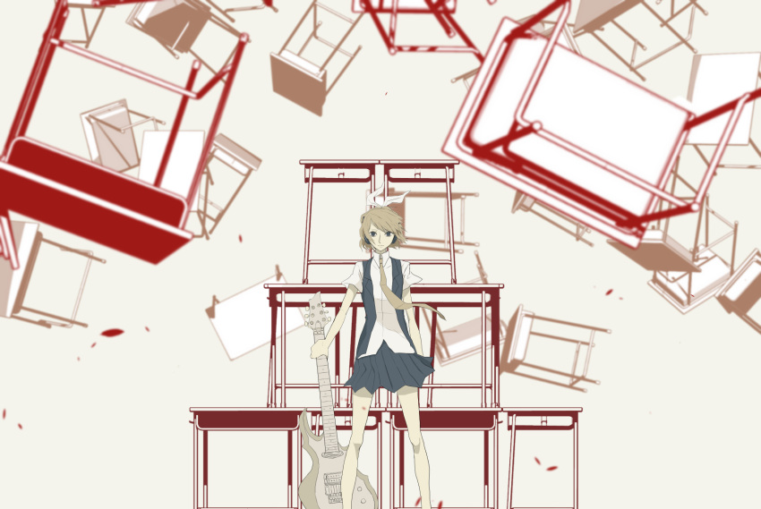 1girl, blonde_hair, blue_eyes, blue_skirt, guitar, hair_ribbon, headphones, highres