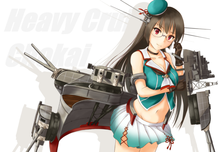 1girl, black_gloves, breasts, brown_hair, cannon, character_name, choker, choukai_(kantai_collection)