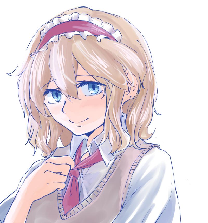 1girl, alice_margatroid, blonde_hair, blue_eyes, blush, contemporary, hairband, menbou_(nonnontako)