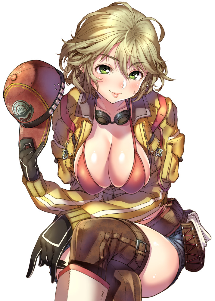 1girl, baseball_cap, bikini, black_gloves, blonde_hair, blush, breasts, cidney_(final_fantasy), cleavage, cropped_jacket, denim, denim_shorts, final_fantasy, final_fantasy_xv, gloves, green_eyes, hat, kink, looking_at_viewer, orange_bikini, pouch, short_hair, short_shorts, shorts, simple_background, smile, solo, swimsuit, thigh-highs, white_background