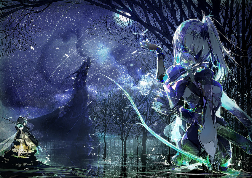 1girl, arrow, beast, bow_(weapon), bug, dragon, dragonfly, fingerless_gloves