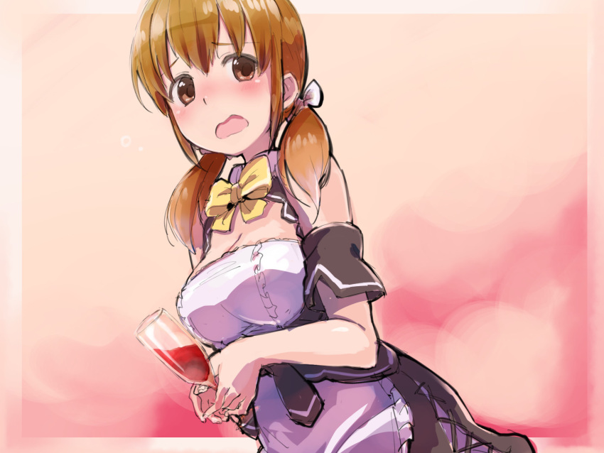 1girl, alcohol, breasts, brown_hair, cleavage, cup, dream_c_club_gogo., drunk