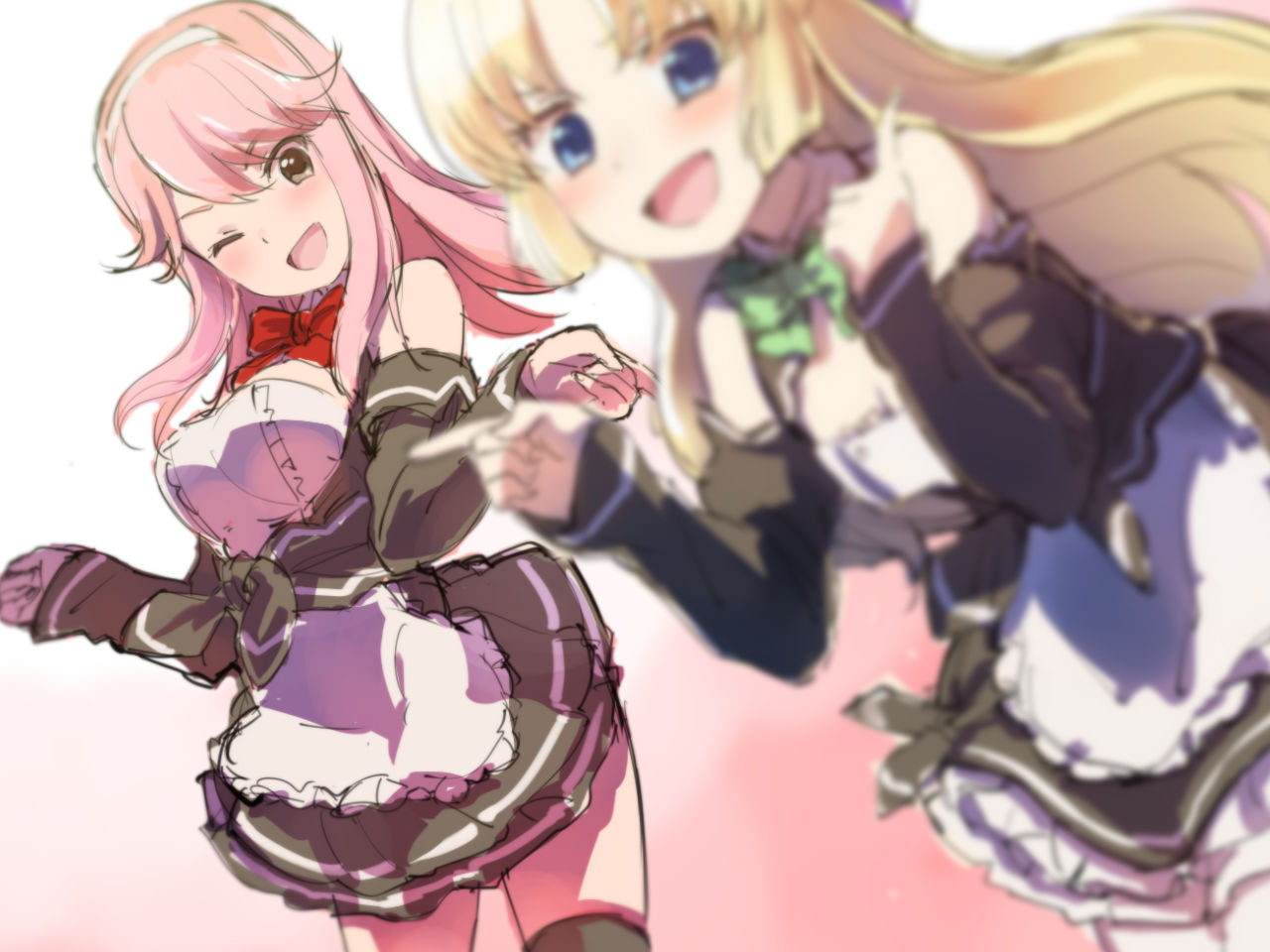2girls, :d, ;d, apron, blonde_hair, blue_eyes, blurry, blush