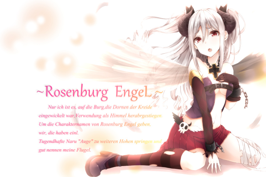 1girl, angel_wings, cross, drill_hair, german, highres, hiiragi_yashiro, idolmaster, idolmaster_cinderella_girls, kanzaki_ranko, long_hair, open_mouth, ranguage, red_eyes, rosenburg_engel, silver_hair, solo, twin_drills, twintails, wings