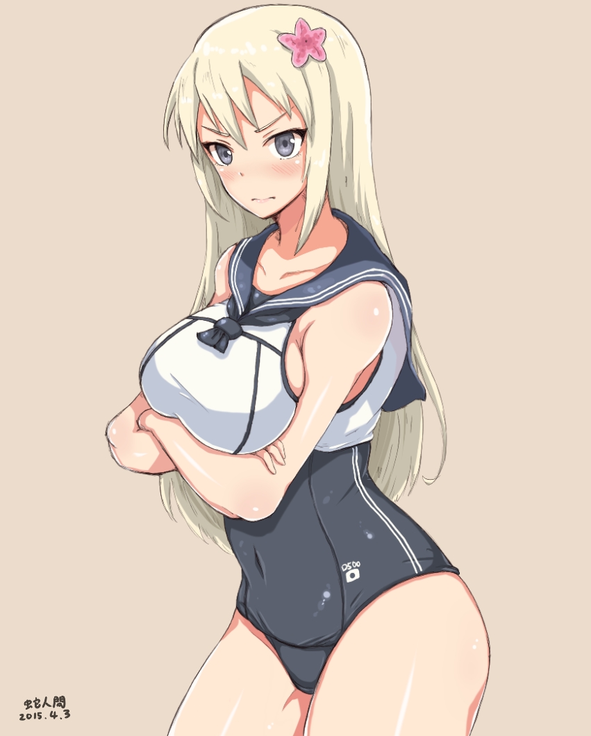 1girl, alternate_costume, bismarck_(kantai_collection), blonde_hair, blue_eyes, breasts, crop_top, flower
