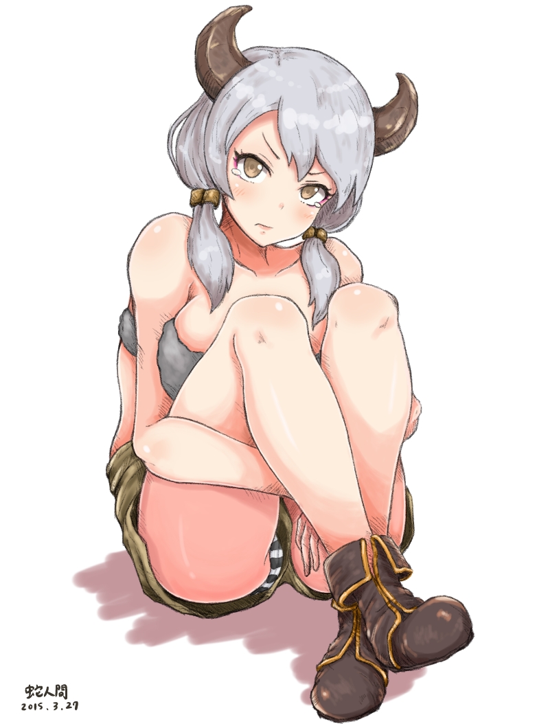 1girl, breasts, brown_eyes, brown_hair, cleavage, collarbone, cow_horns, denim, denim_shorts, granblue_fantasy, horns, kaeru_otoko, large_breasts, long_hair, looking_at_viewer, low_twintails, panties, pantyshot, serious, shorts, silver_hair, solo, striped, striped_panties, thighs, twintails, underwear, upshorts