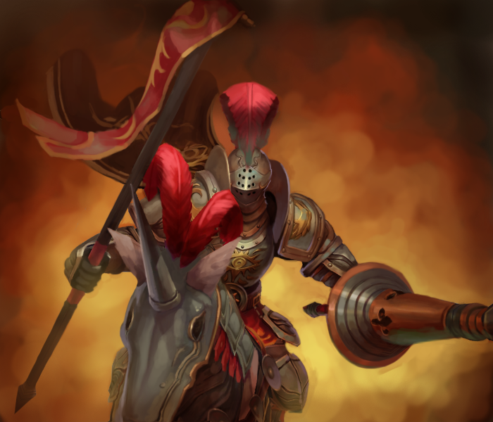 1boy, armor, artist_request, broken_(chaos_online), cape, chaos_heroes_online, helmet, horse, horseback_riding, lance, light_persona, male_focus, official_art, polearm, riding, solo, weapon
