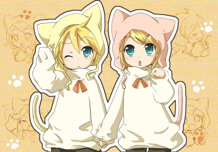 animal_hat, aqua_eyes, blonde_hair, cat_ears, cat_hat, cathat, child, hand_holding, hat, hidacafe, holding_hands, kagamine_len, kagamine_rin, short_hair, siblings, tail, twins, vocaloid, wink