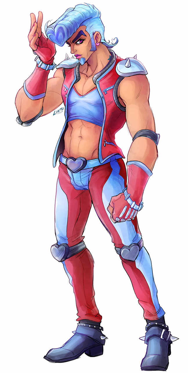 belt_buckle, blue_hair, boots, crazy_diamond, earrings, elbow_pads, facial_hair, fingerless_gloves
