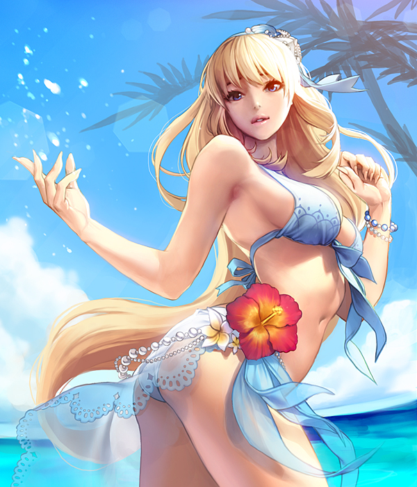 1girl, ass, bikini, blonde_hair, blue_eyes, bracelet, breasts, chaos_heroes_online