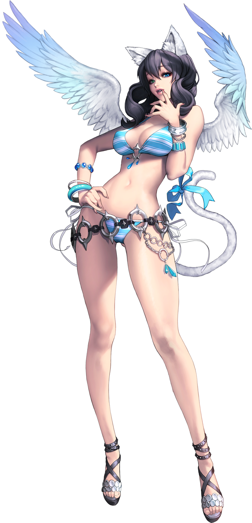 1girl, akasha_(chaos_online), animal_ears, bangle, bikini, blue_eyes, bracelet, breasts