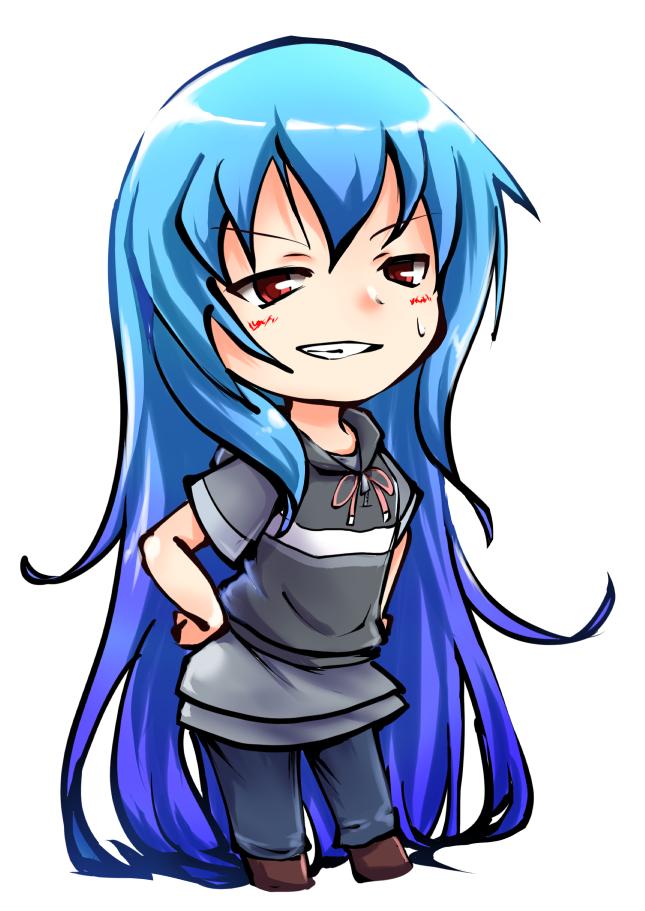 1girl, absurdly_long_hair, alternate_costume, blue_hair, chibi, contemporary, hinanawi_tenshi, koro_(cookie)