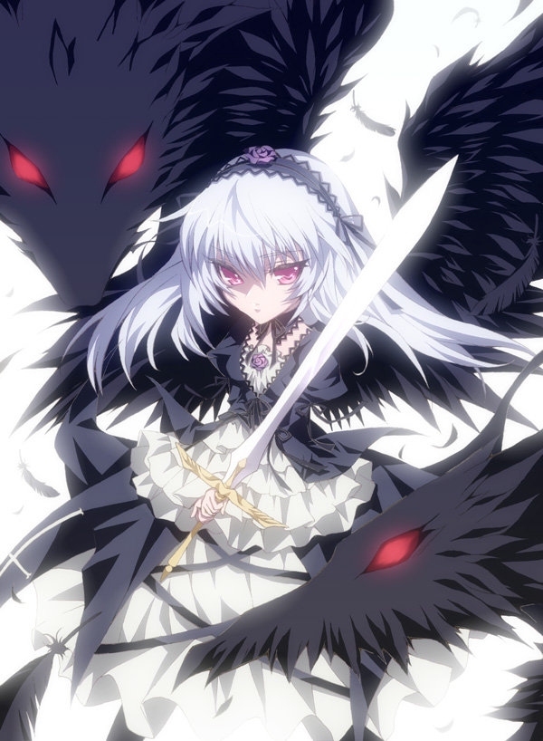 1girl, bird_wings, black_wings, detached_collar, dress, feathers, flower, frilled_sleeves, frills, gothic_lolita, lolita_fashion, long_hair, looking_at_viewer, pink_eyes, rie_(minori), rose, rozen_maiden, silver_hair, solo, suigintou, sword, tsurime, weapon, wings