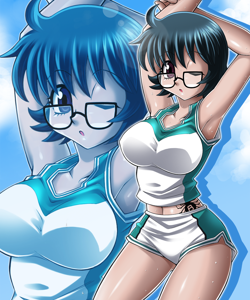 1girl, ;o, arms_up, black-framed_glasses, black_hair, breasts, glasses, highres