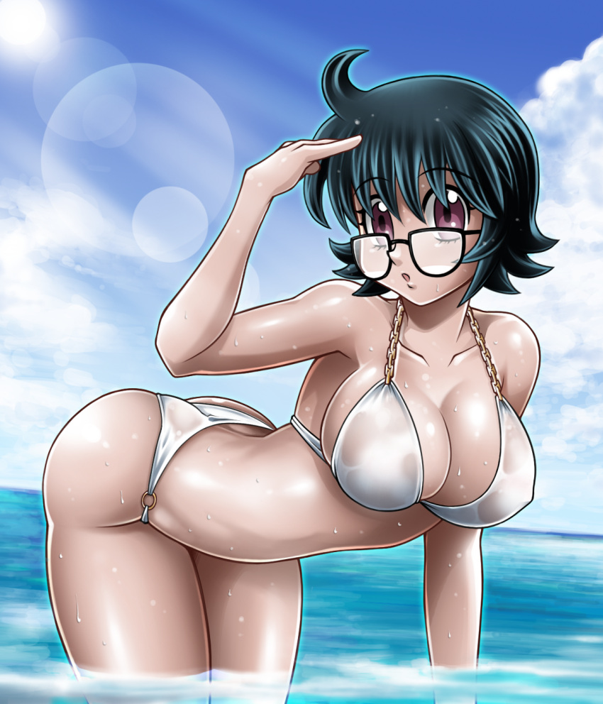1girl, :o, ahoge, ass, bikini, black-framed_glasses, black_hair, blue_sky