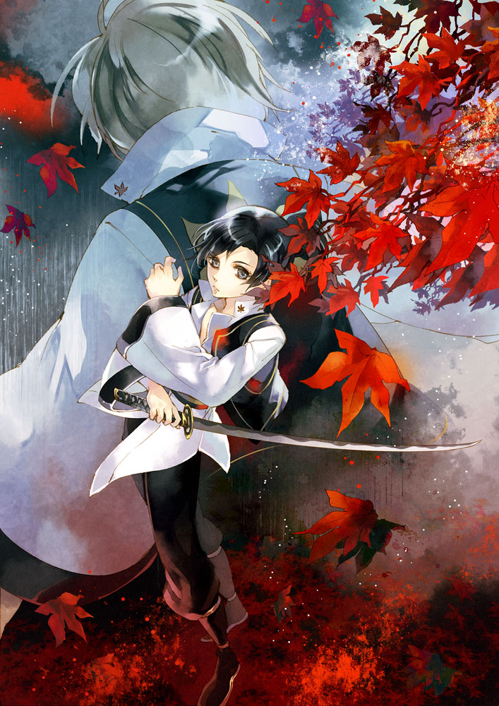 black_eyes, black_hair, dual_persona, grey_hair, kaede_(last_blade), katana, last_blade, leaf