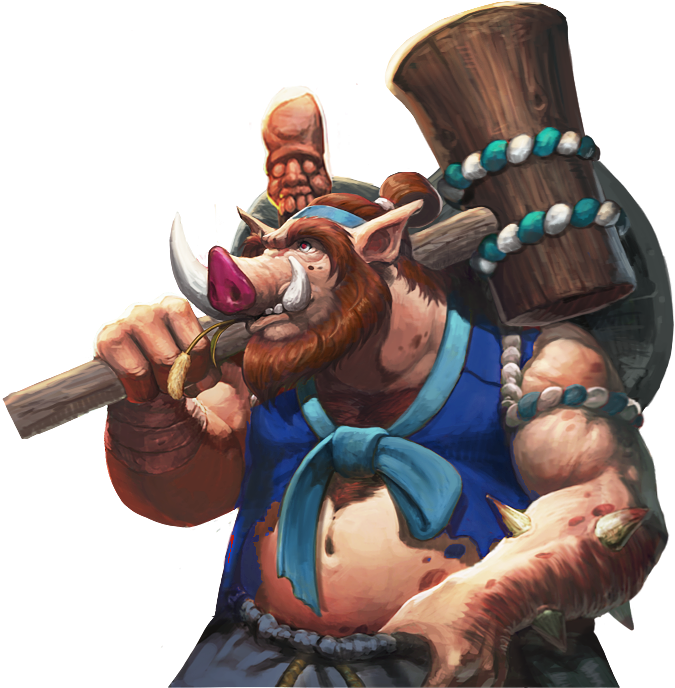 1boy, artist_request, bandages, beard, brown_hair, chaos_heroes_online, facial_hair, hammer