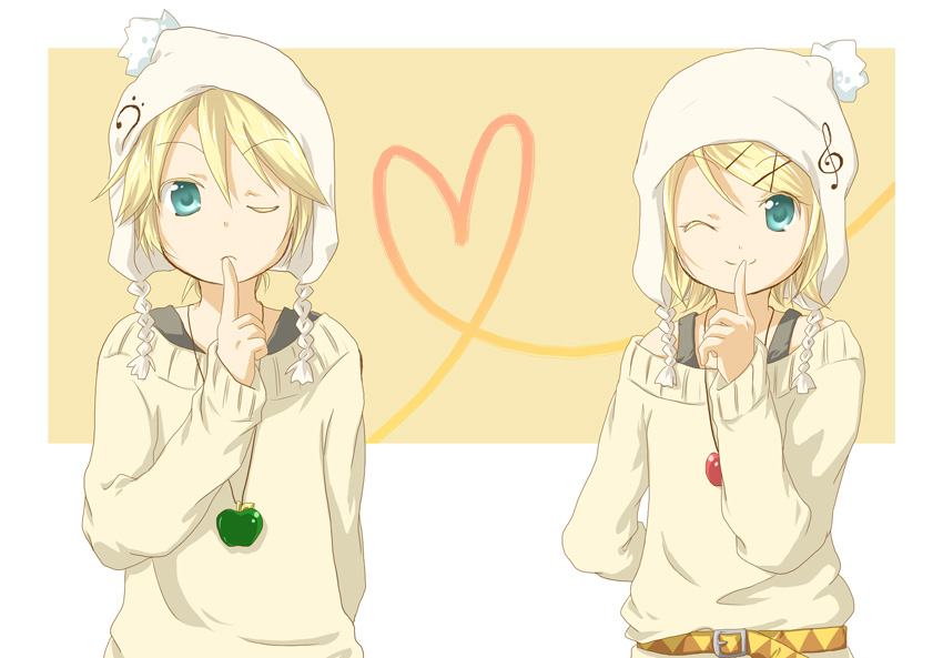 blonde_hair, bonnet, hair_ornament, hairclip, hidacafe, jewelry, kagamine_len, kagamine_rin
