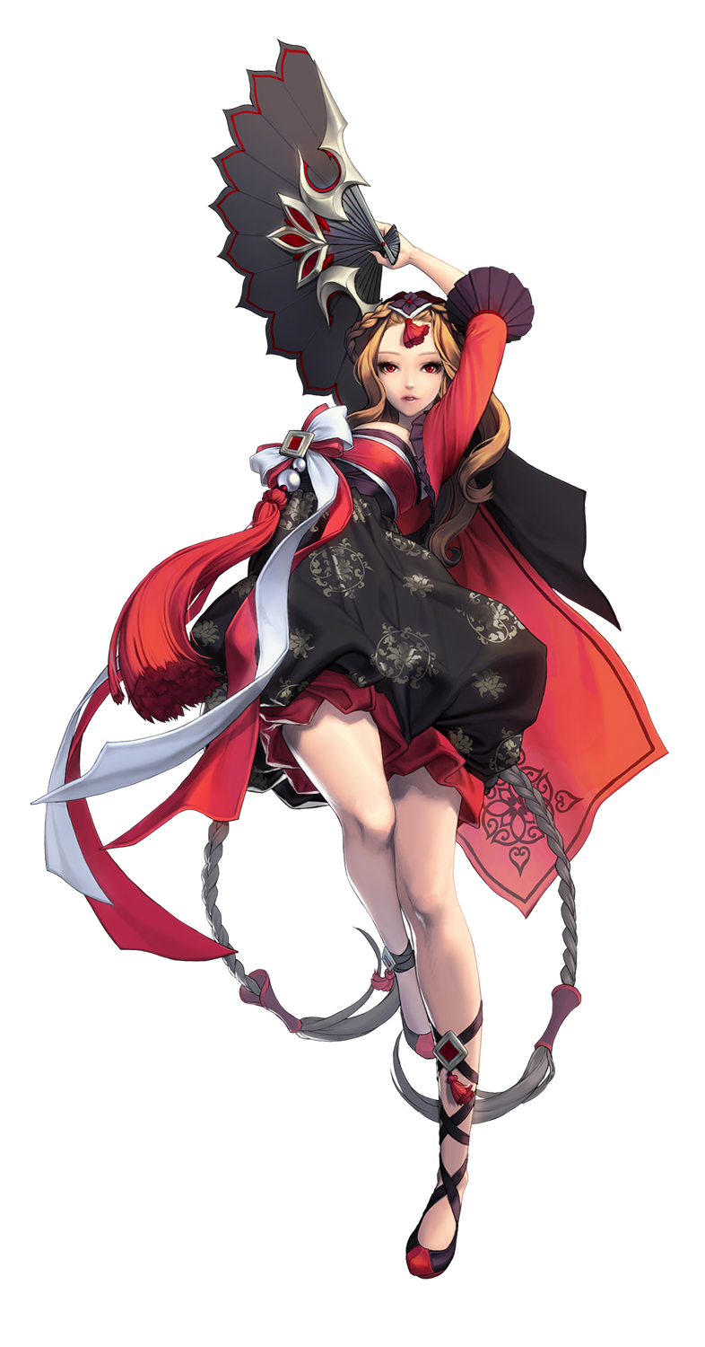 1girl, alternate_costume, braid, brown_hair, chaos_heroes_online, edelyn, fan, folding_fan, full_body, highres, long_hair, looking_at_viewer, love_cacao, official_art, red_eyes, simple_background, solo, transparent_background, twin_braids, very_long_hair