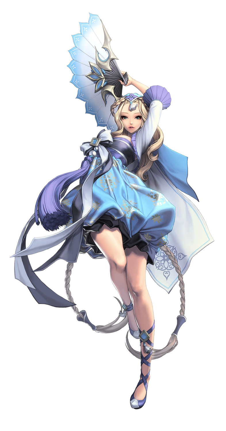 1girl, alternate_costume, blonde_hair, braid, chaos_heroes_online, edelyn, fan, folding_fan