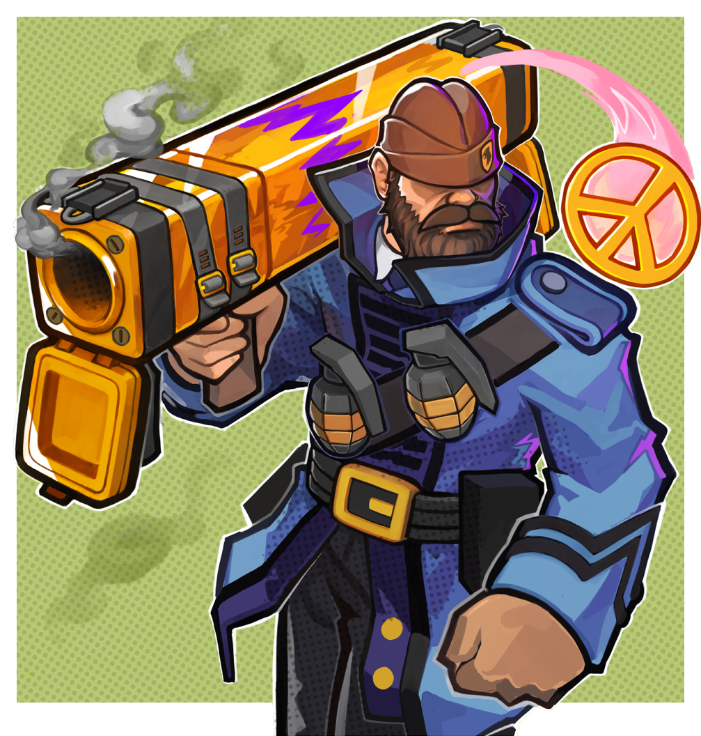 1boy, bazooka, beard, belt, black_box_(tf2), brown_hair, circling_peace_sign, dress_shirt, epaulettes, explosive, facial_hair, fancy_dress_uniform, garrison_cap, grenade, hat, hat_over_eyes, hornblower, male_focus, mistaken_movember, mustache, necktie, peace_symbol, screamin'_eagle, shirt, smoke, solo, team_fortress_2, the_soldier, unusual_effect, v, wahae, weapon