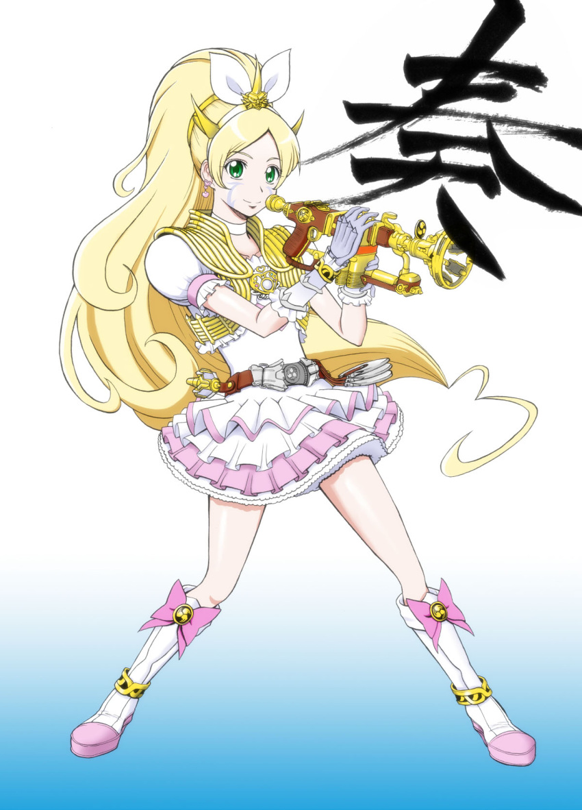 1girl, alternate_costume, belt, blonde_hair, crossover, cure_rhythm, dress, female