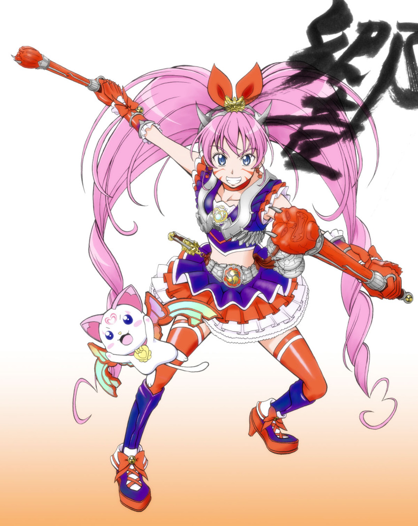 1girl, alternate_color, alternate_costume, belt, blue_eyes, cat, crossover, cure_melody