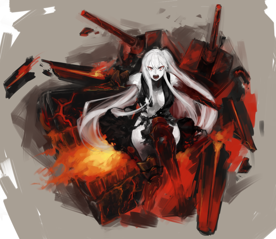 1girl, aircraft_carrier_hime, akesuke, armored_boots, black_dress, boots, breasts, damaged, dress, fire, kantai_collection, long_hair, looking_at_viewer, open_mouth, red_eyes, shinkaisei-kan, side_ponytail, solo, torn_clothes, torn_dress, turret, veins, very_long_hair, white_hair, white_skin
