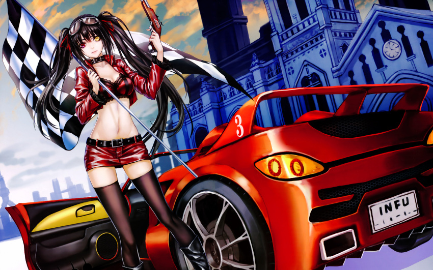 1girl, absurdres, belt, black_hair, black_legwear, breasts, car, checkered